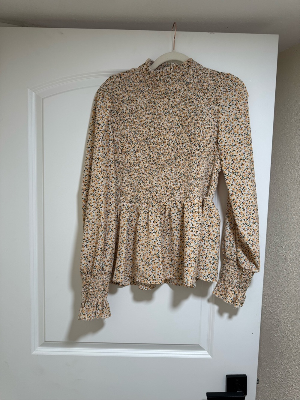 Smocked Peplum Long-Sleeve Top in Yellow Floral